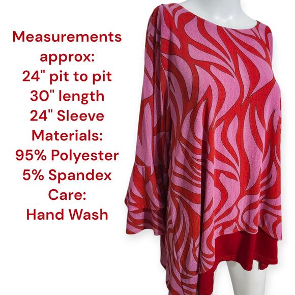 Calessa L Blouse Swirl‎ Print L Pink & Red Tiered Ruffle Sleeve Tunic Flame Fire - Picture 3 of 11